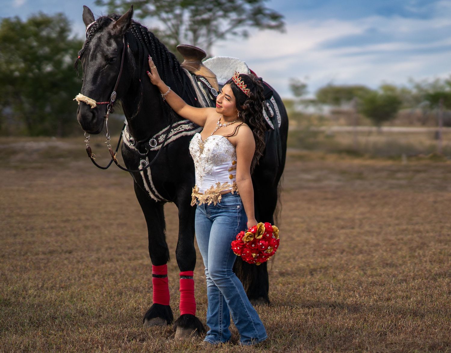 A black horse stands in a grassy field while someone in jeans poses beside it.