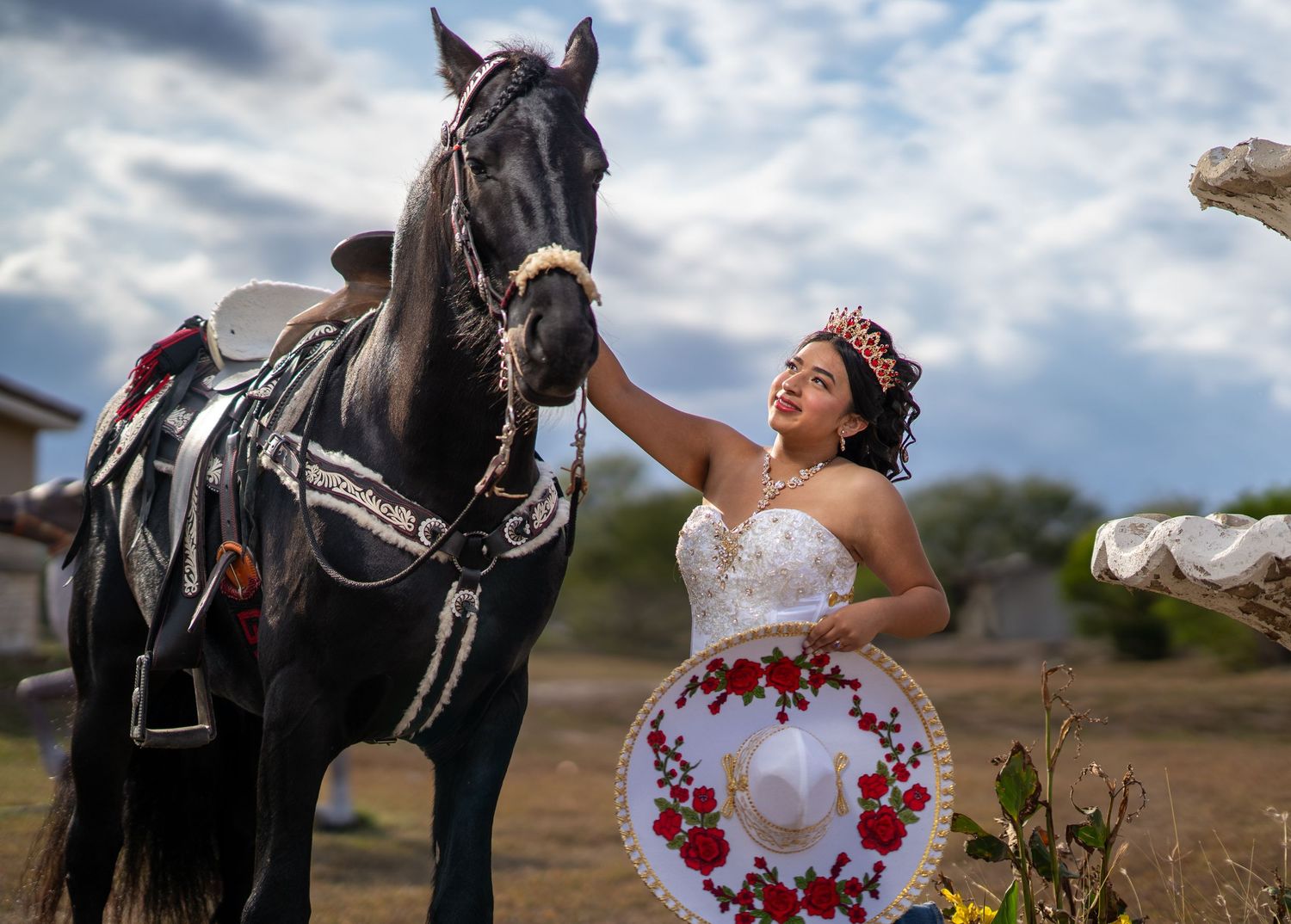 A bride in a white dress poses with a black horse in a scenic outdoor setting with dramatic clouds in the sky.