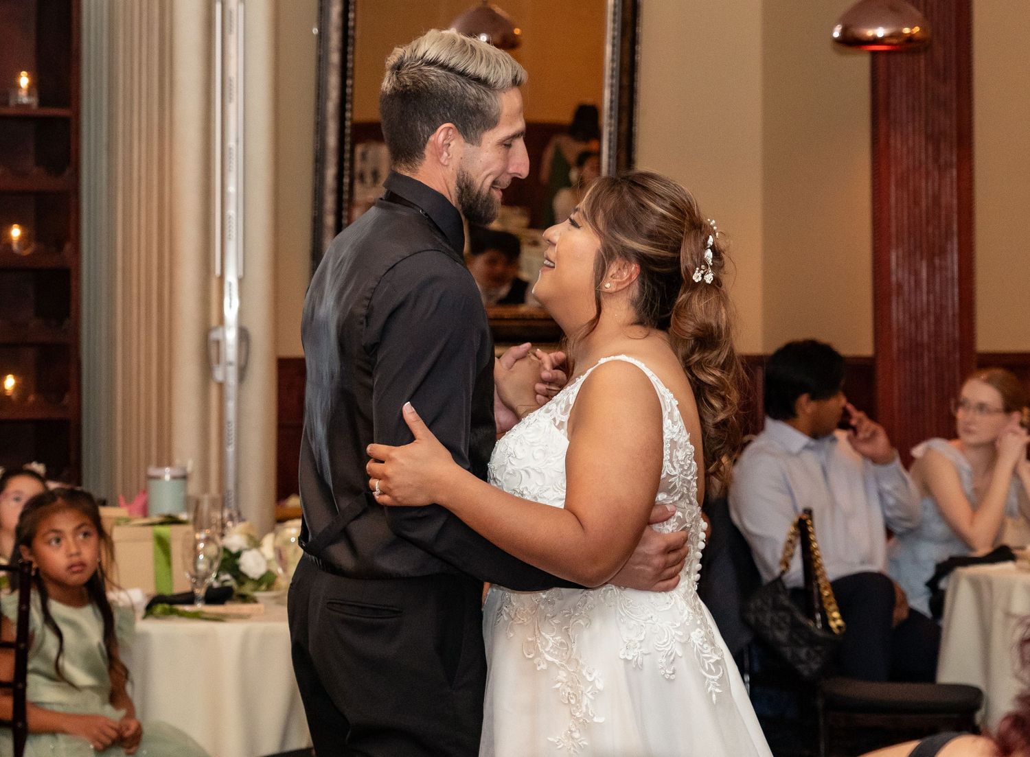 A wedding reception montage showing couples dancing and celebrating in an elegant indoor venue with warm lighting.
