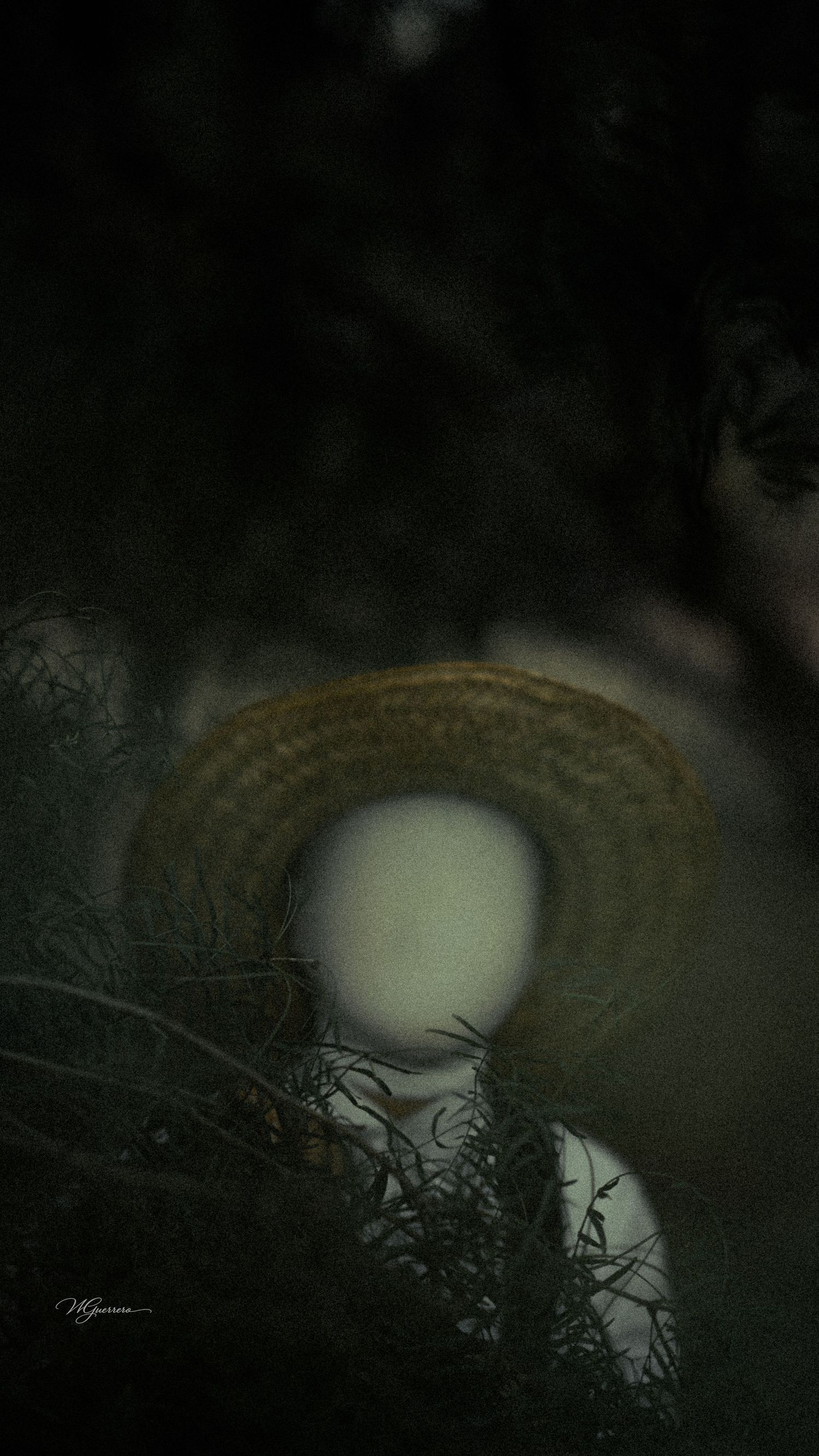A faceless figure wearing a straw hat peers through dark foliage in an eerie, atmospheric fine art photograph.