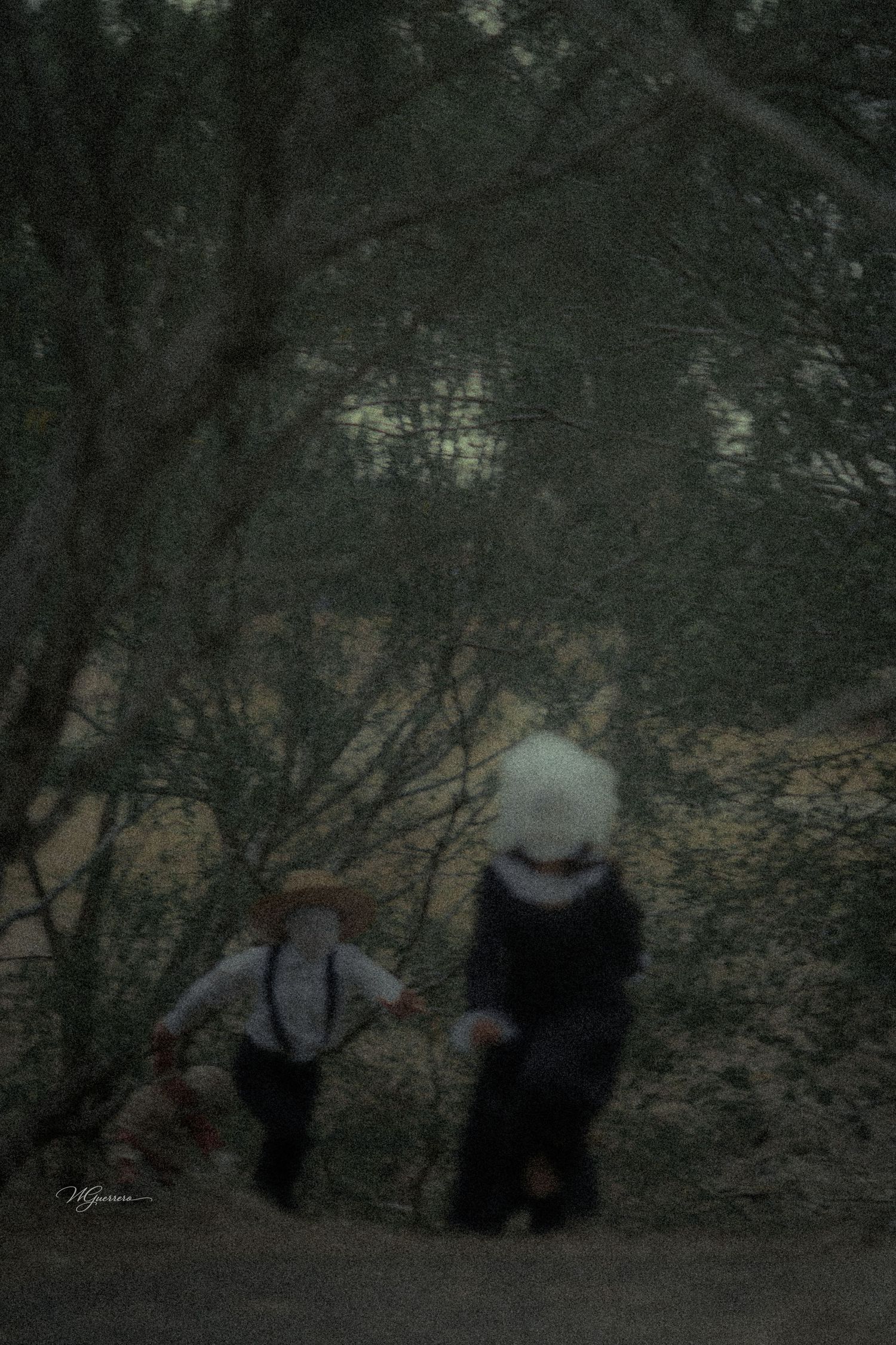 Two children in vintage clothing and hats walk hand-in-hand through a dark, misty forest path.