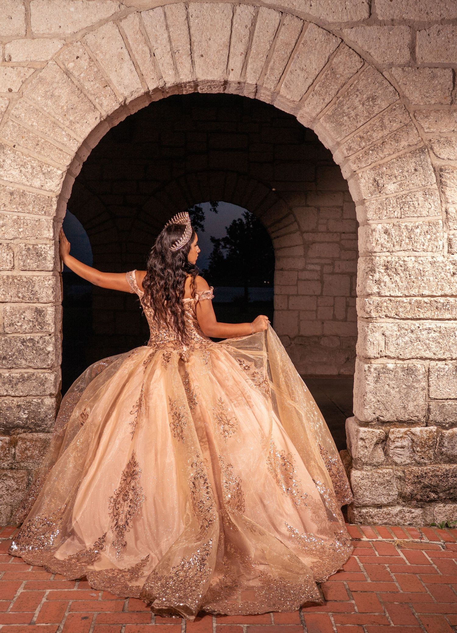 Elegant ballgown with champagne tulle and glittering details shown from behind in a stone archway.