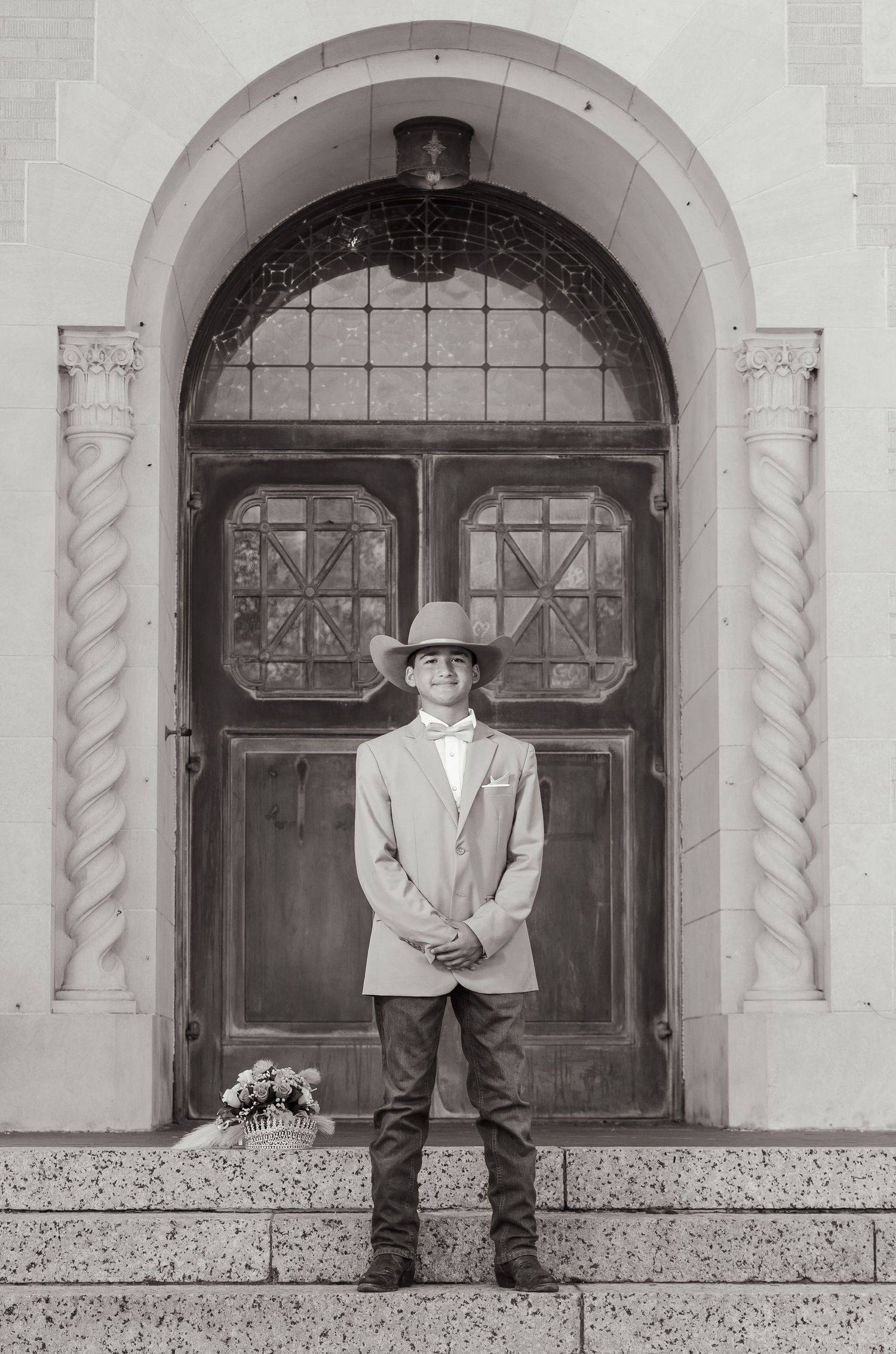 A black and white triptych showing a person standing in front of an ornate archway with decorative columns.