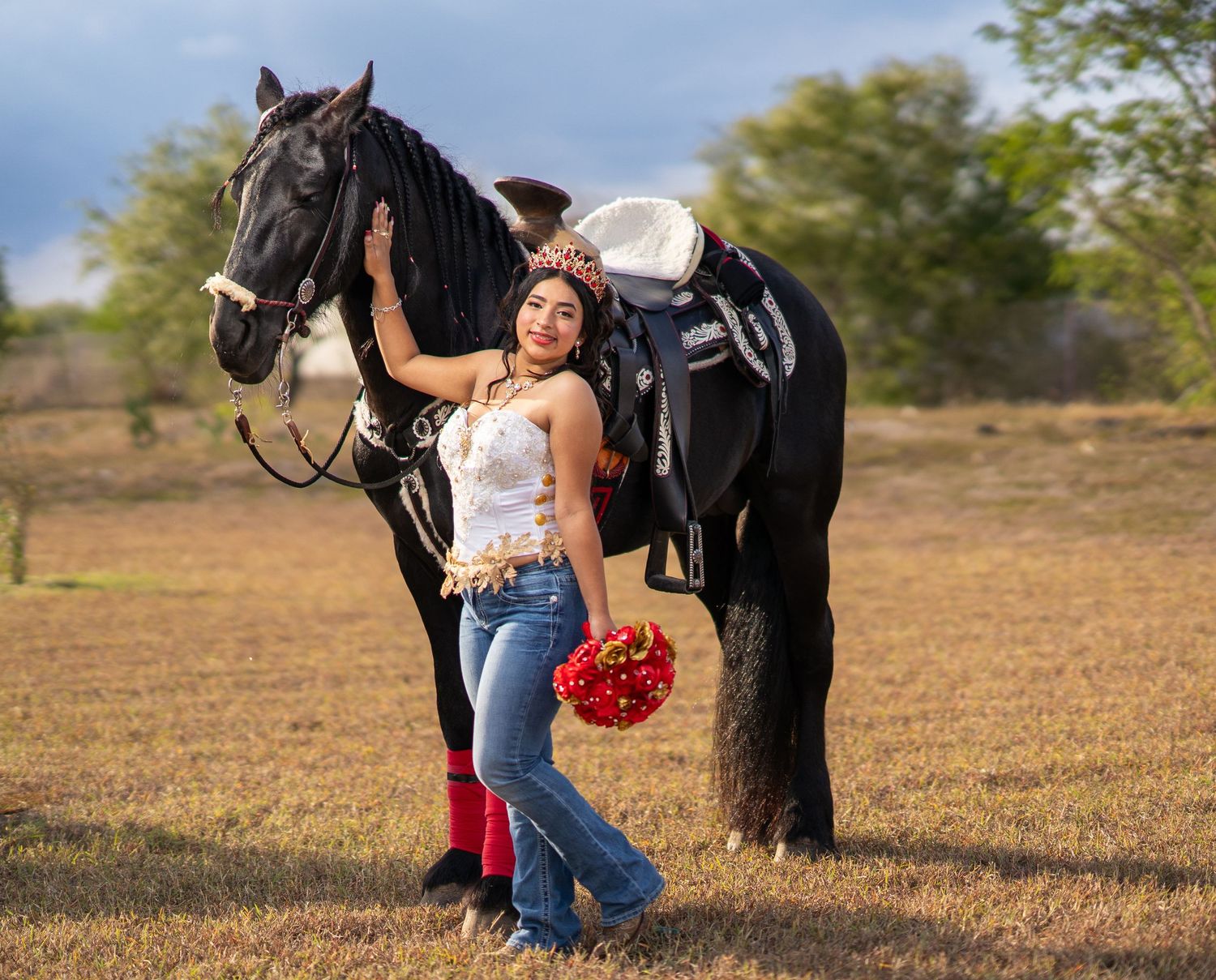 A person in jeans interacts with a black horse in a field with houses in the background.
