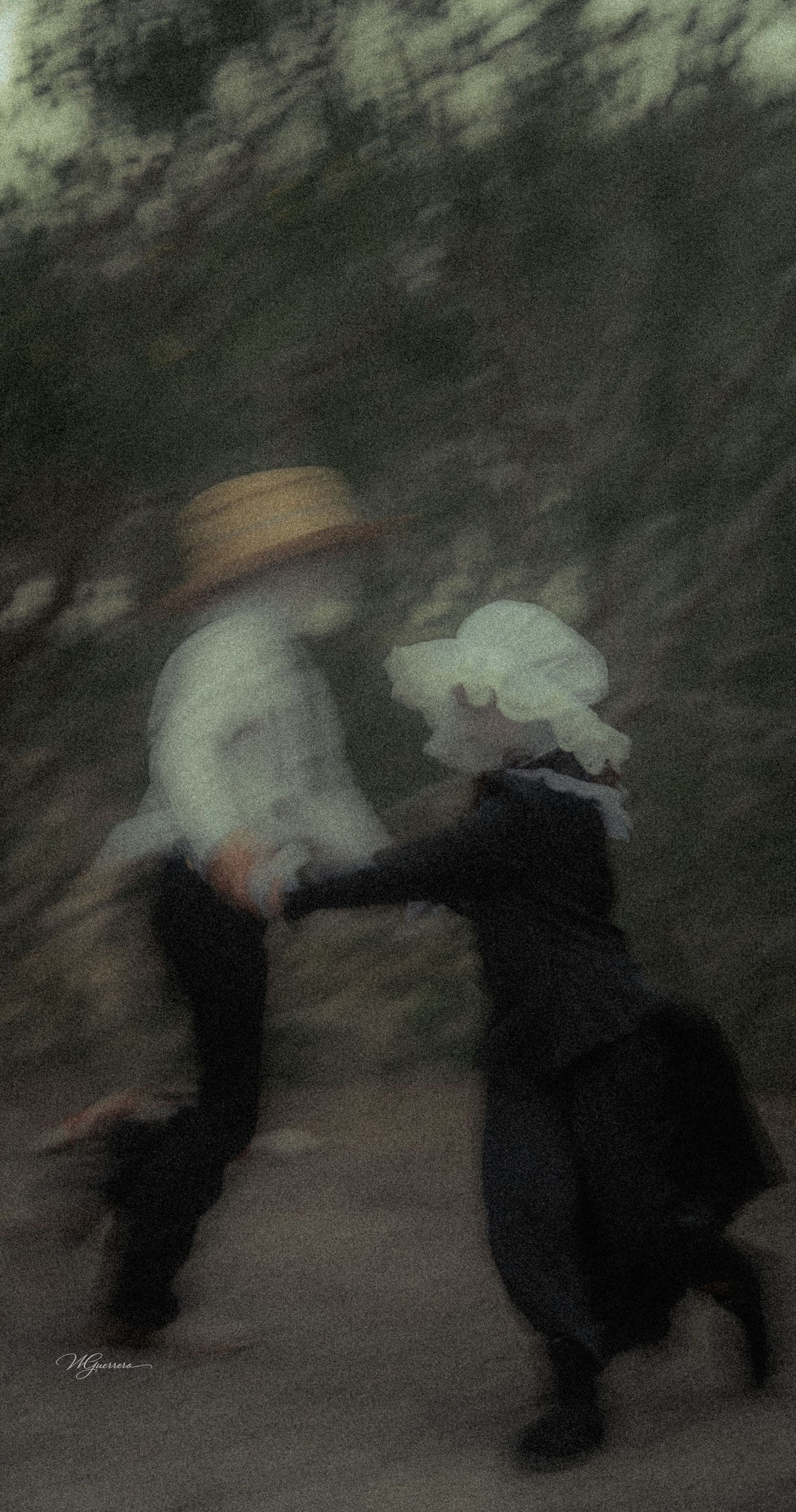 Two blurred children in old-fashioned clothing dance together on a path, capturing a dreamy, nostalgic moment in motion.