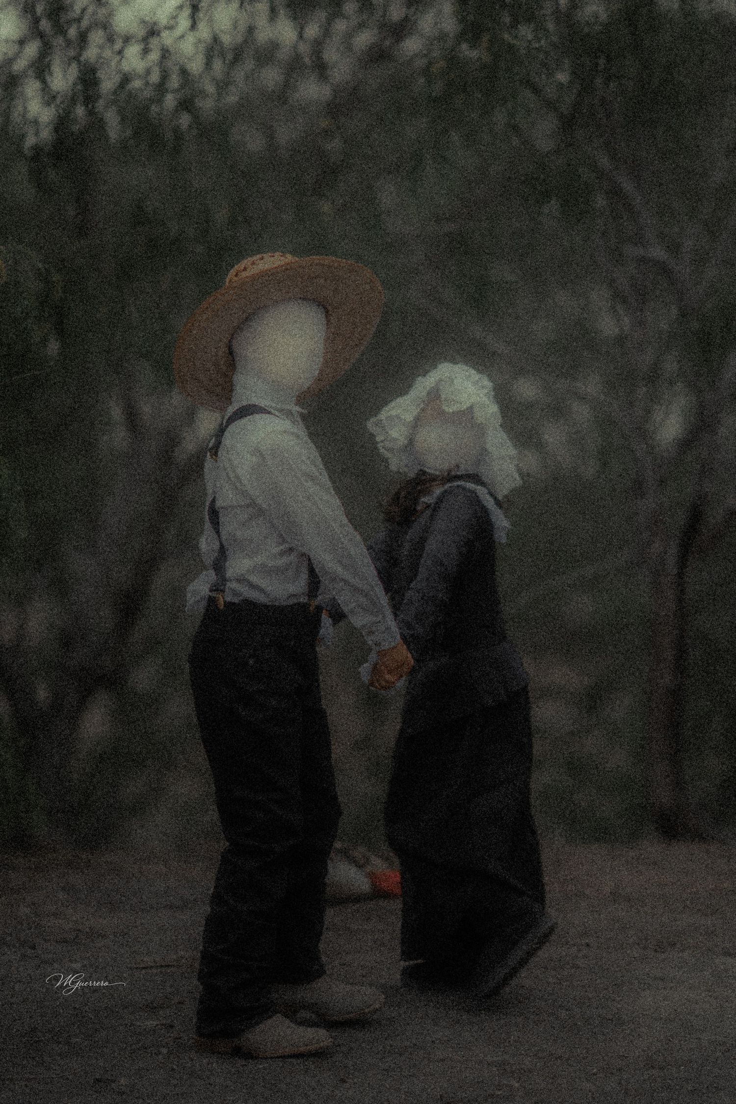Two faceless figures in Amish attire hold hands on a misty path, evoking an eerie, surreal atmosphere.