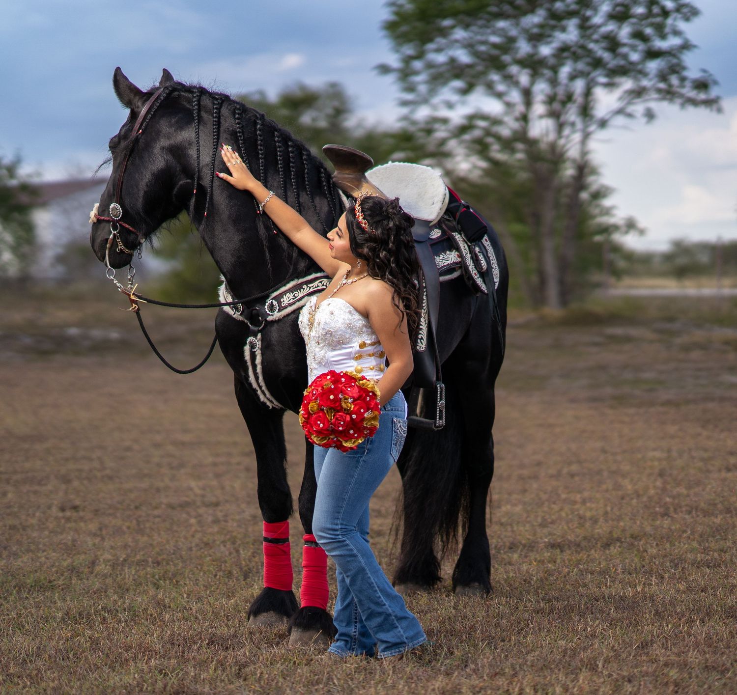 A black horse stands in a field with someone in jeans and red boots during a photo session.