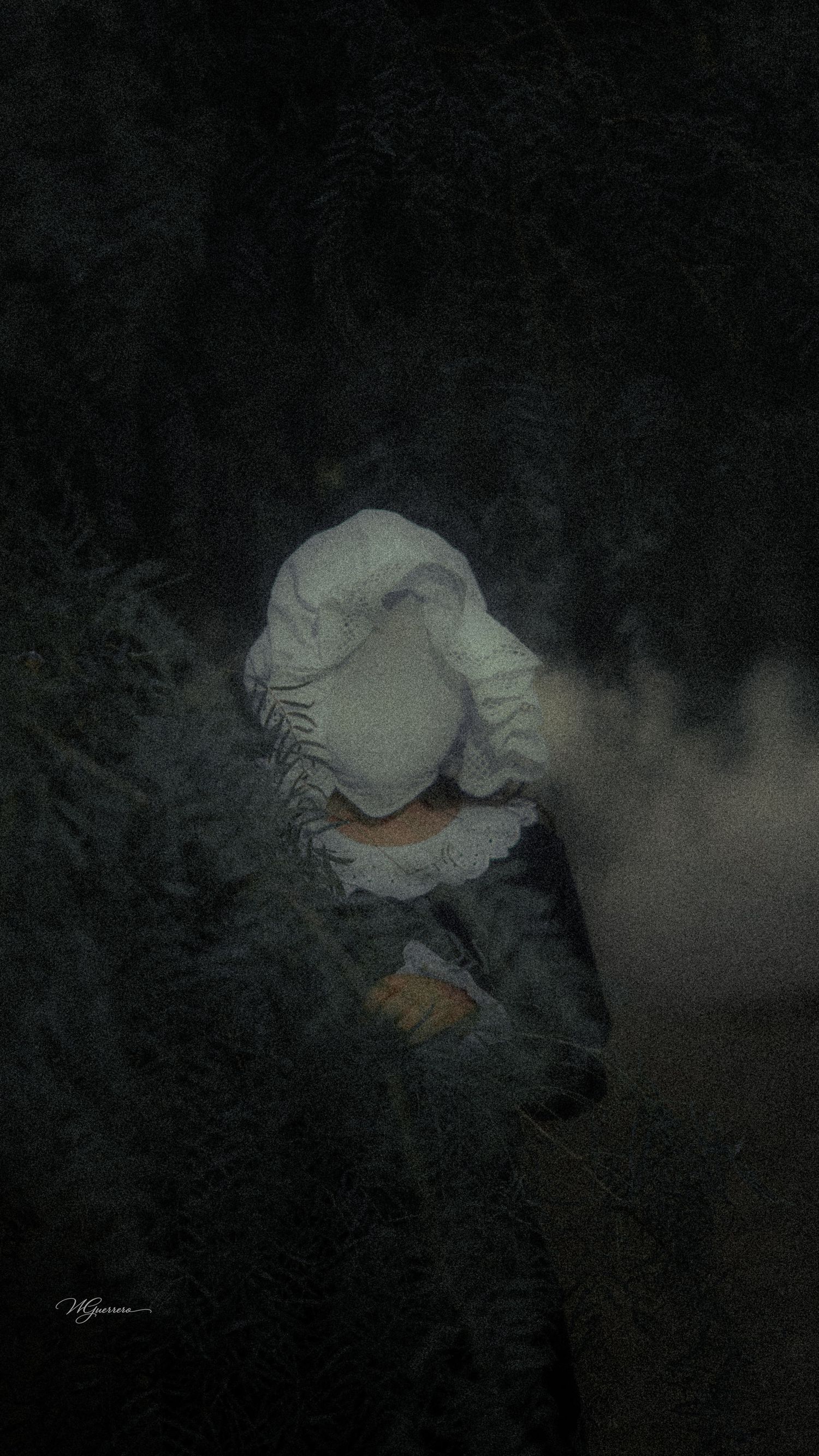 Mysterious faceless figure in white bonnet crouching among dark ferns with misty ethereal atmosphere.