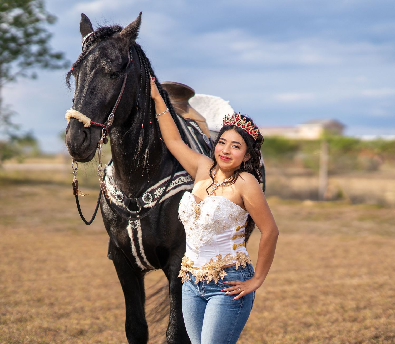 A black horse stands with someone in a white top and jeans against a desert landscape background.
