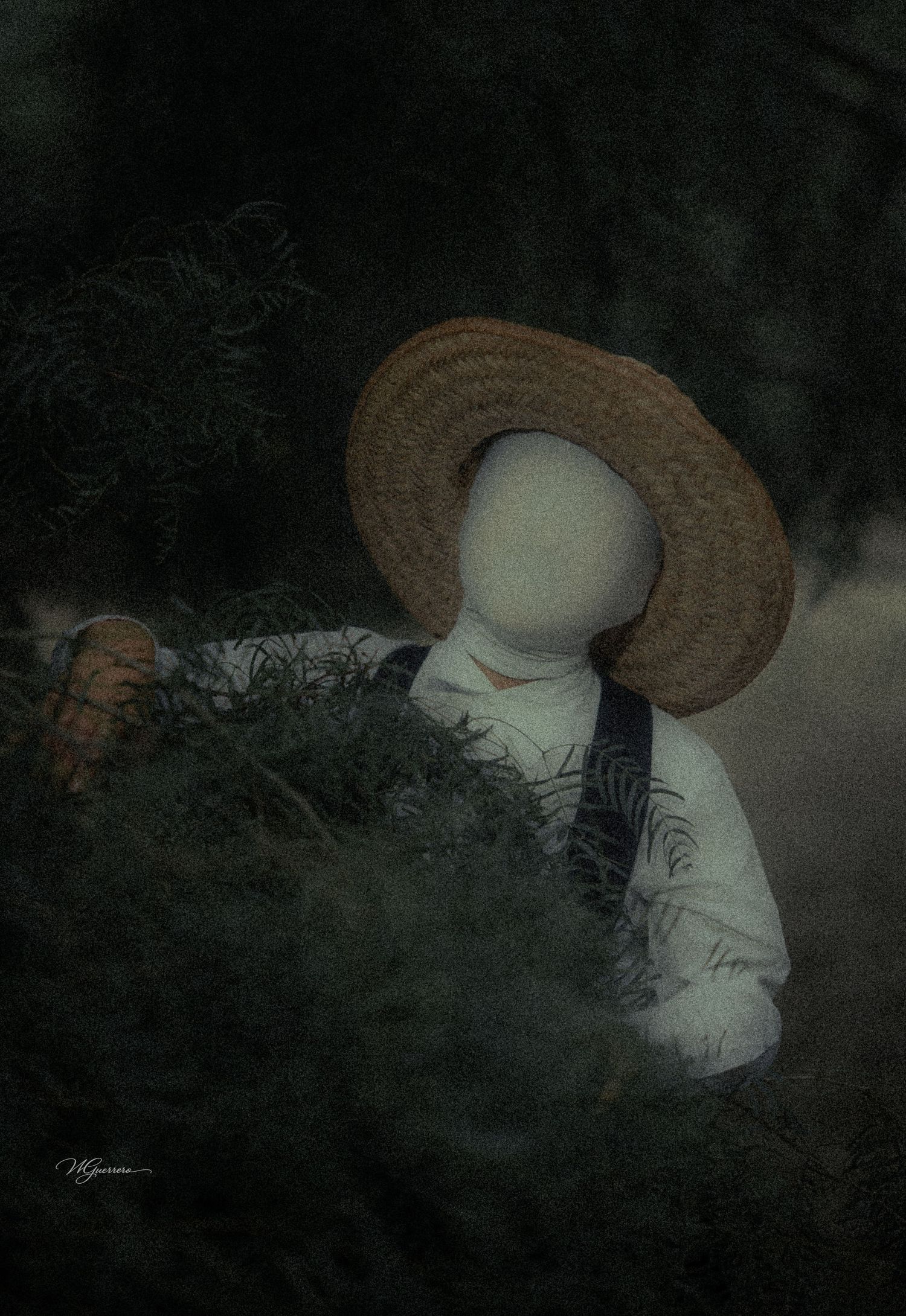 Faceless figure wearing straw hat and suspenders tending to lush green plants in a dark, moody garden setting.