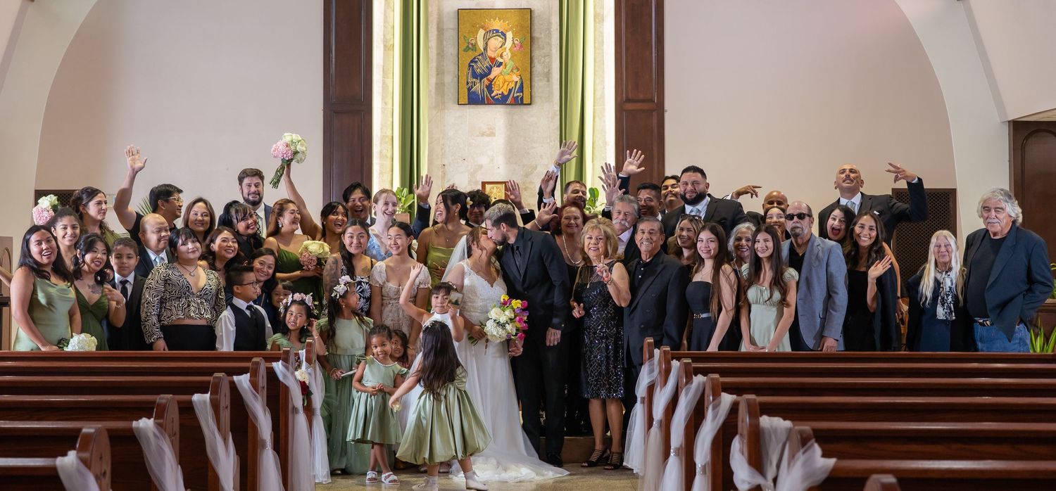 A panoramic collage of wedding ceremony and reception photos showing church interior and group celebrations.