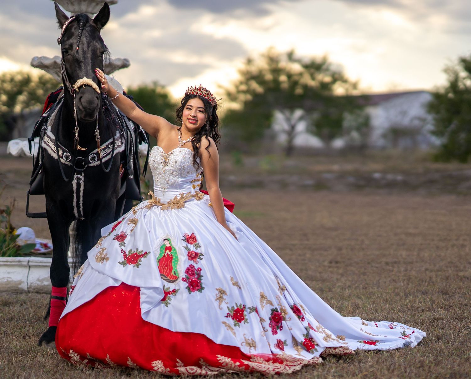 White and red ball gown with floral embroidery photographed with a black horse in an outdoor setting at sunset.