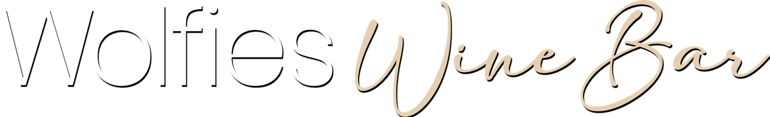 Wolfies Wine Bar text logo in white and gold elegant script typography.