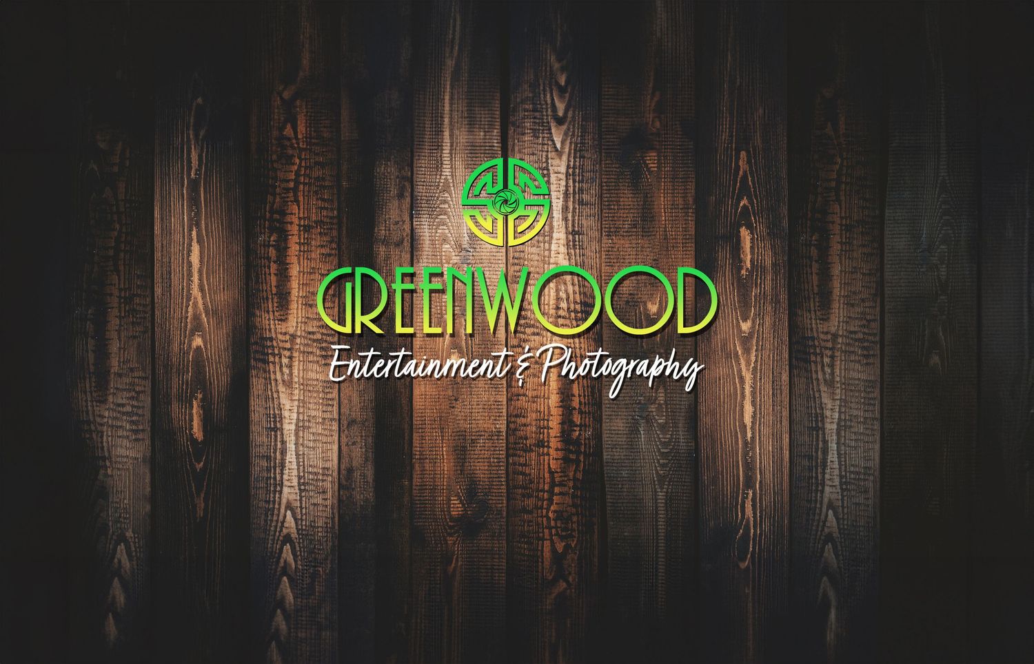 Greenwood Entertainment Photography logo on dark wooden background with green tree symbol.
