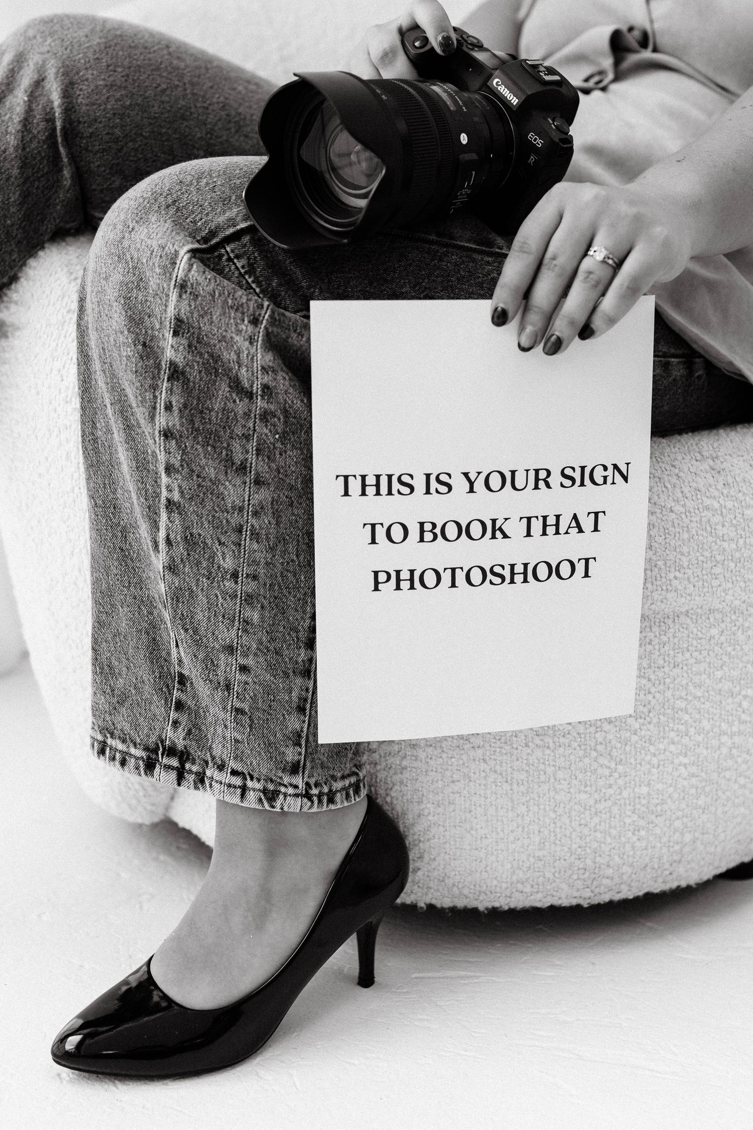 Black and white photo series showing legs in jeans and heels next to text signs about booking a photoshoot.