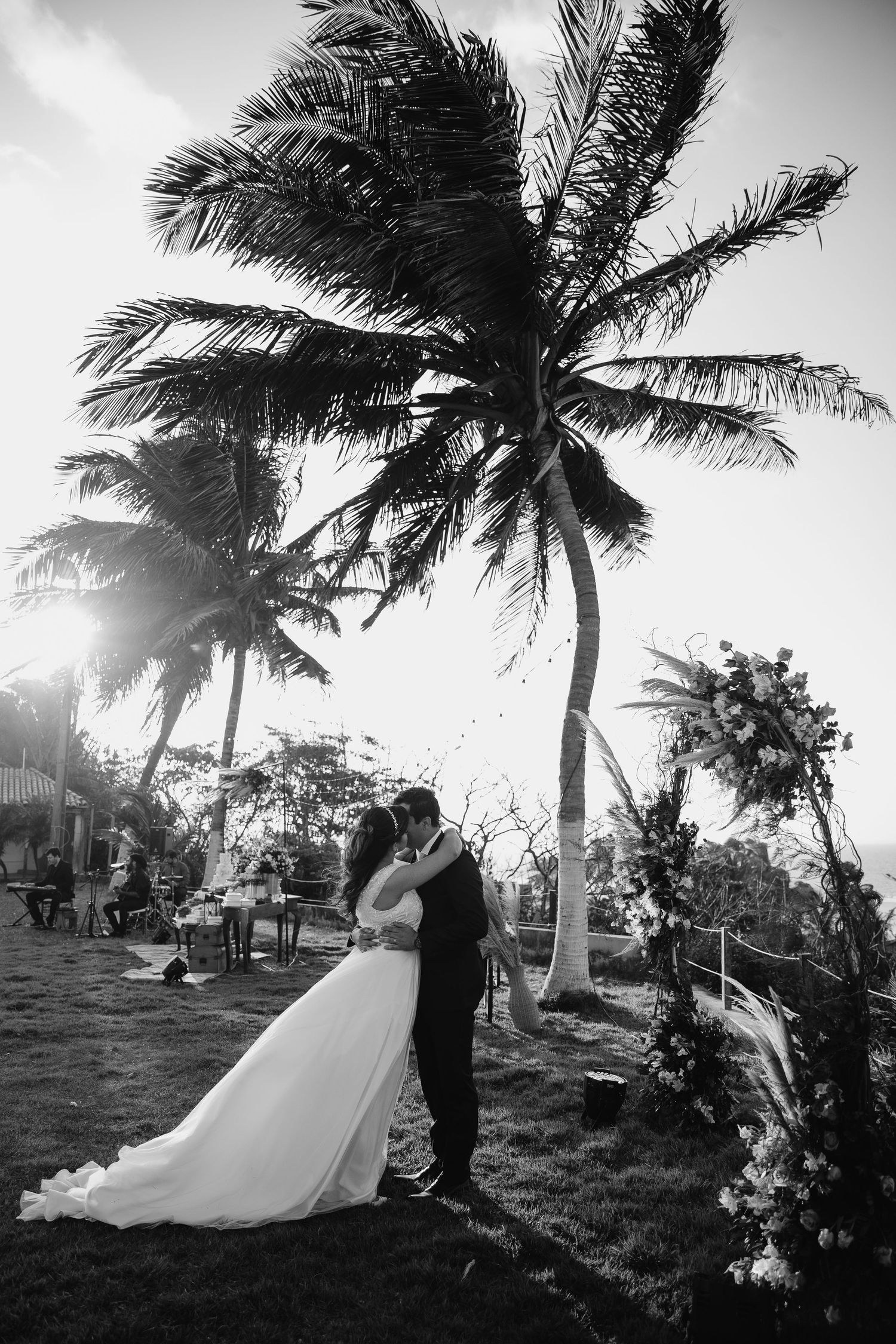 Black and white wedding photo of couple beneath swaying palm trees in tropical setting.