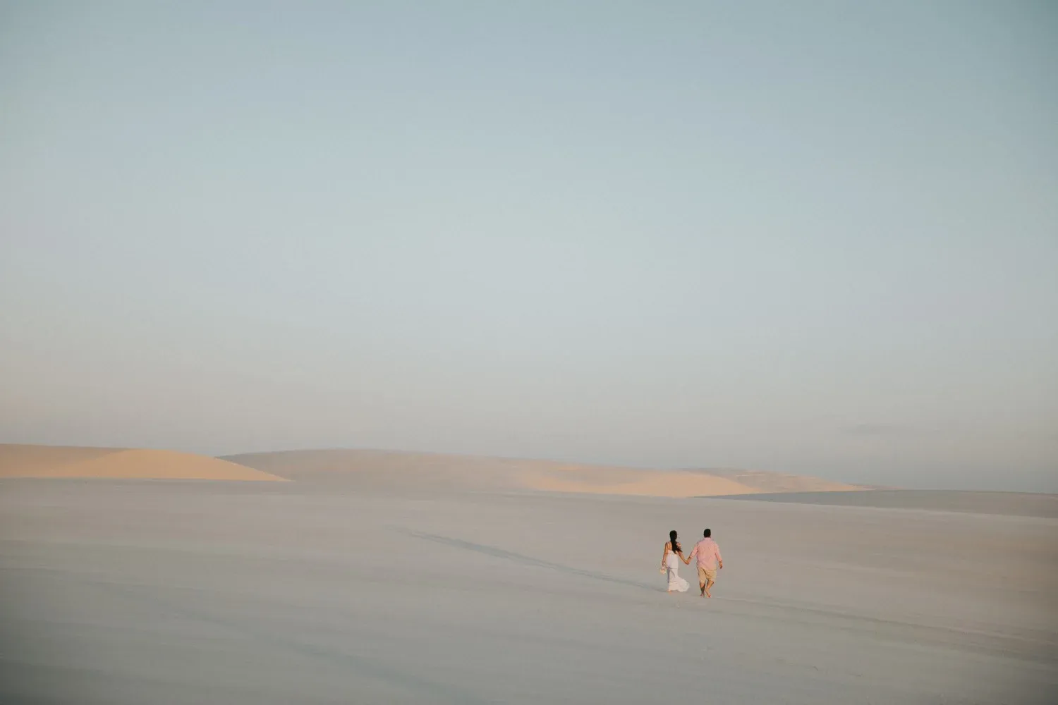 Two distant figures walk across a vast, misty desert landscape under a soft pastel sky.