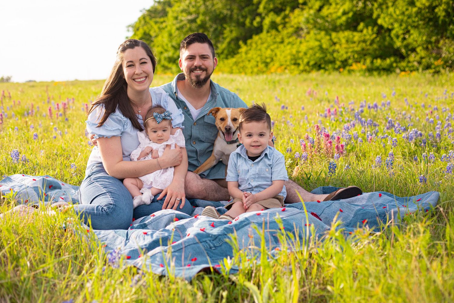 Family relaxing together on a blanket in a sunny meadow with wildflowers.