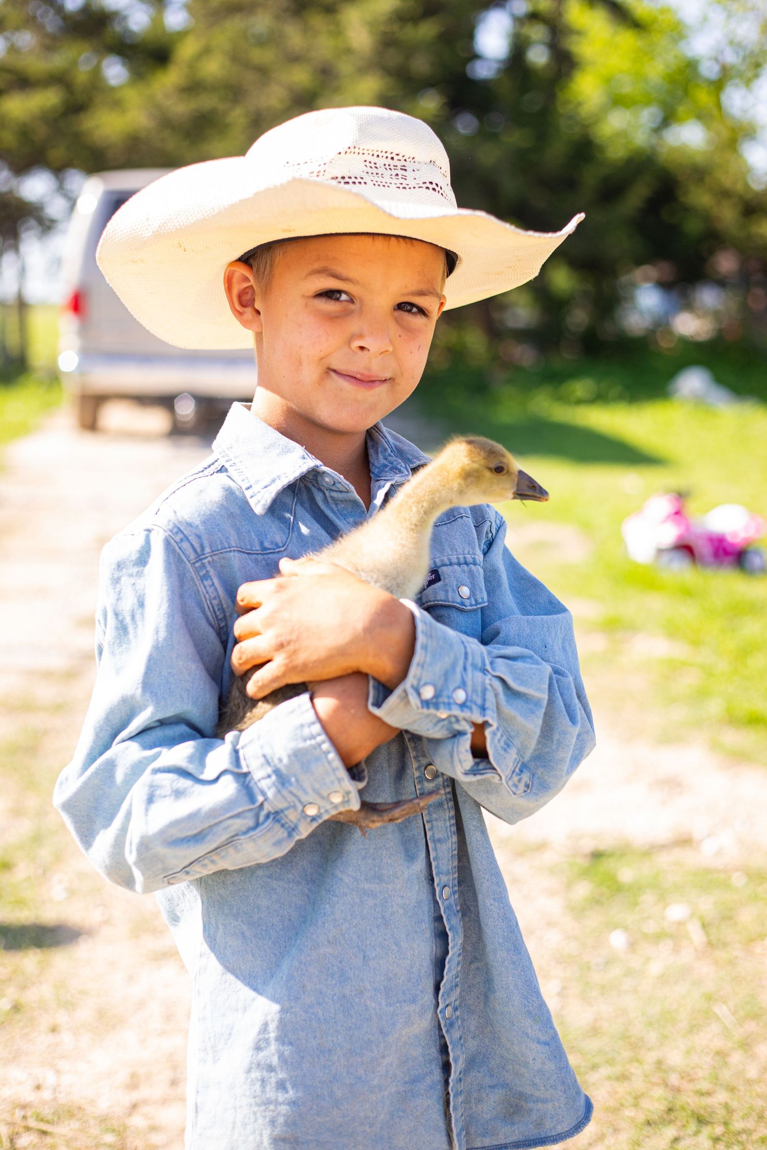 Child in denim shirt and cowboy hat gently holding small animal outdoors.