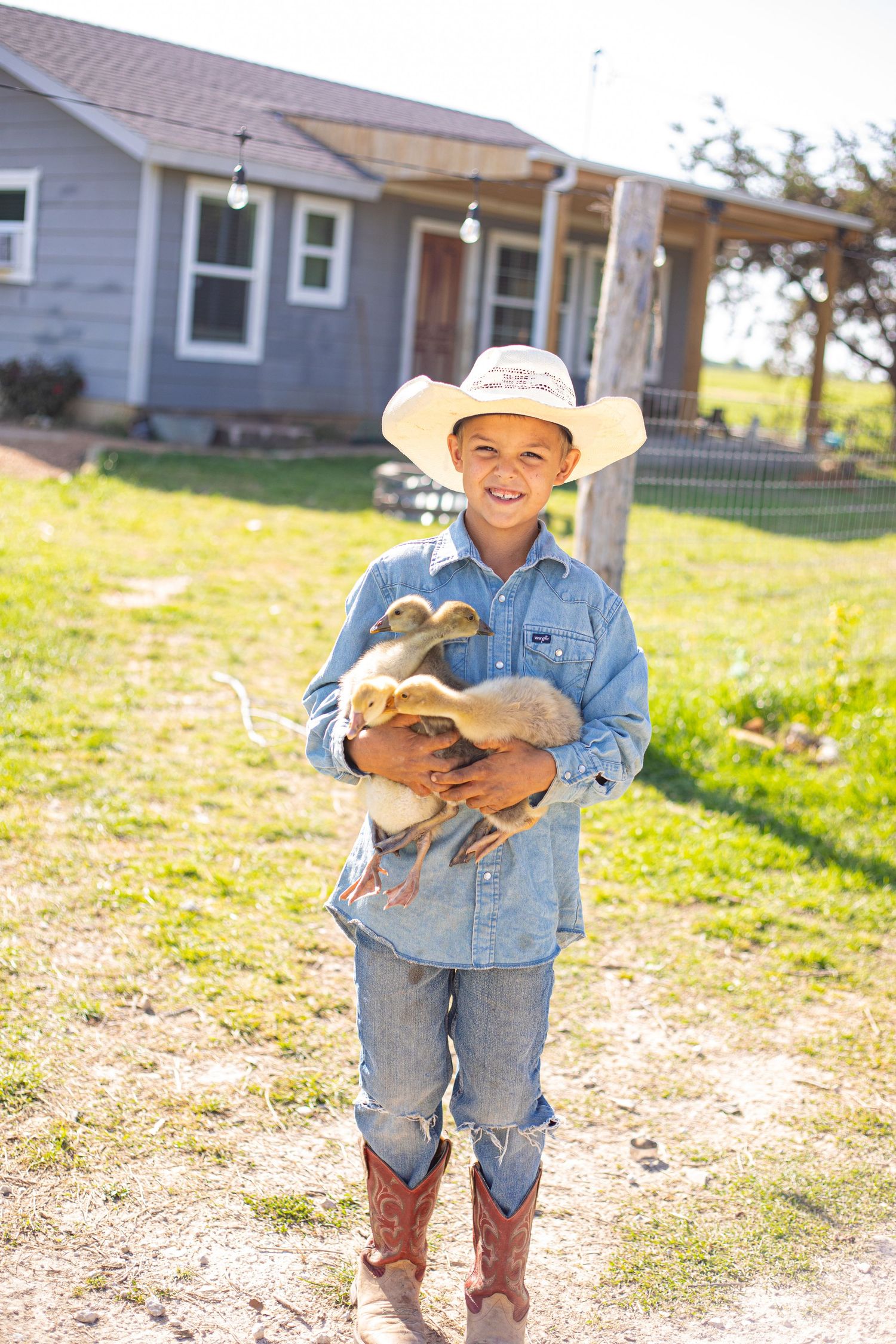 Young child in cowboy attire holding small animals in sunny rural setting.