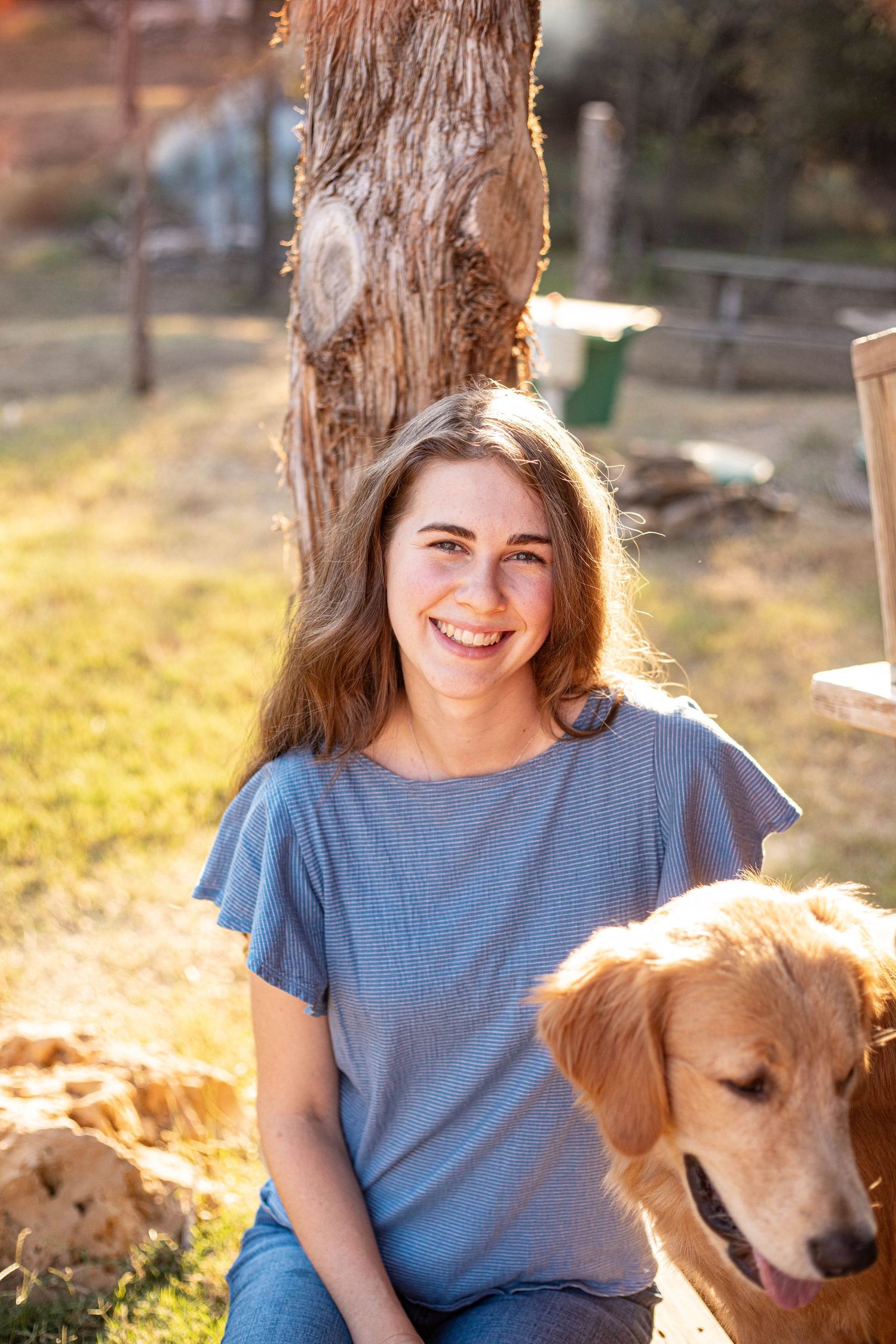 Person in blue shirt with golden retriever by rustic tree trunk outdoors.