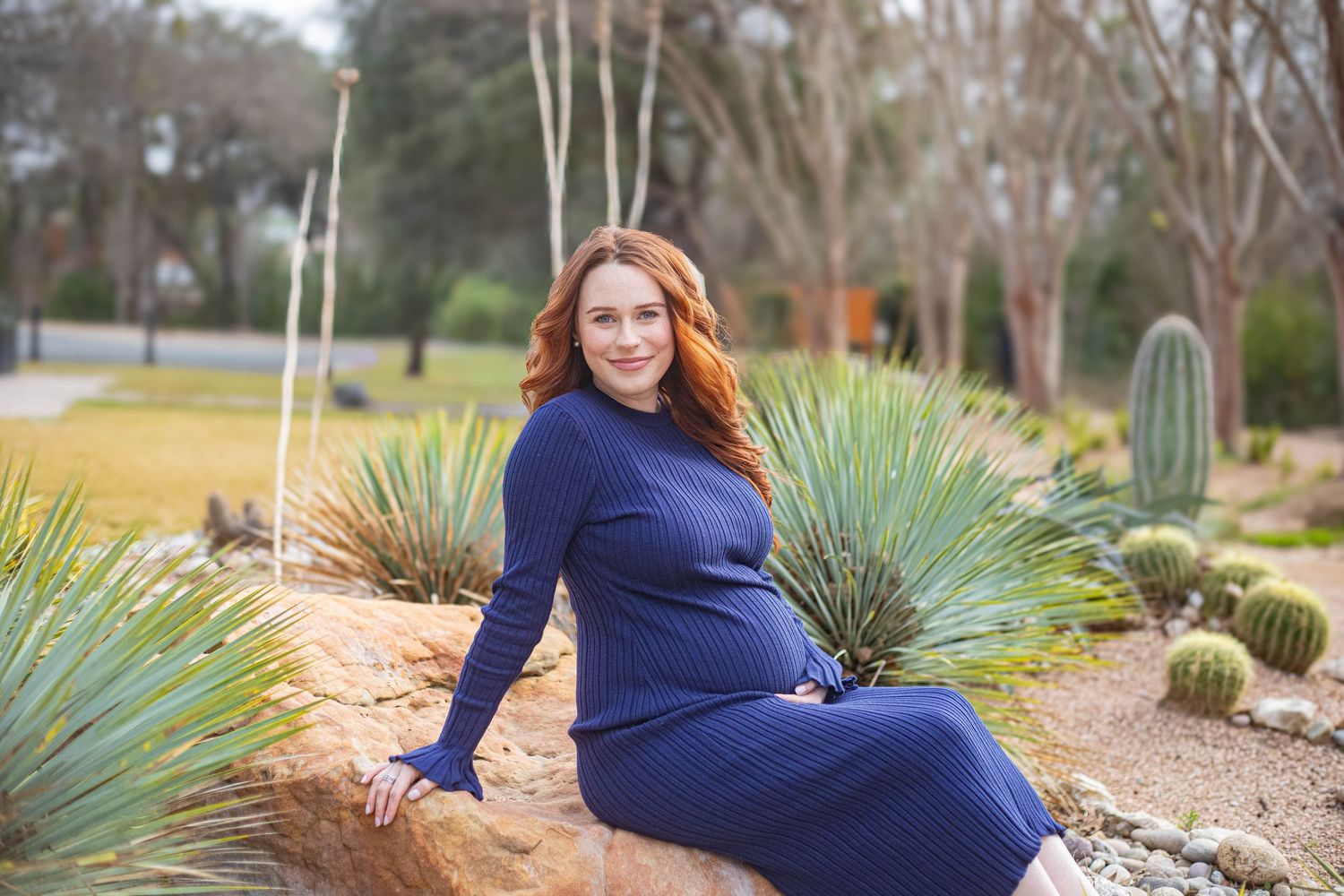 A maternity photo session featuring a blue dress against a desert landscape with cacti.