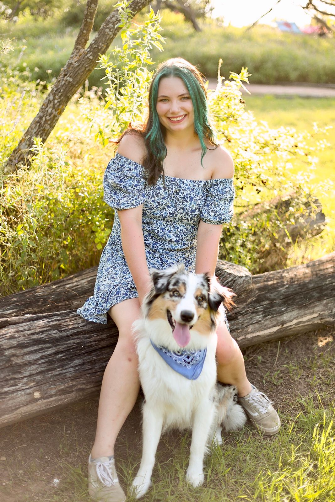 Person and Australian Shepherd dog posing together on fallen log in natural setting.