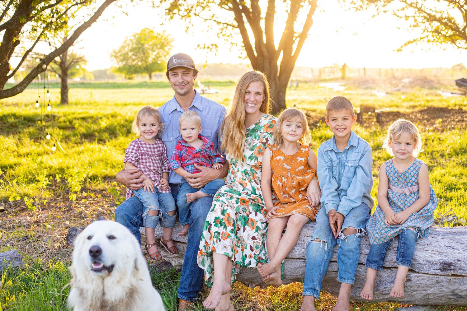 Family portrait session in a sunlit field with a white dog sitting alongside them.