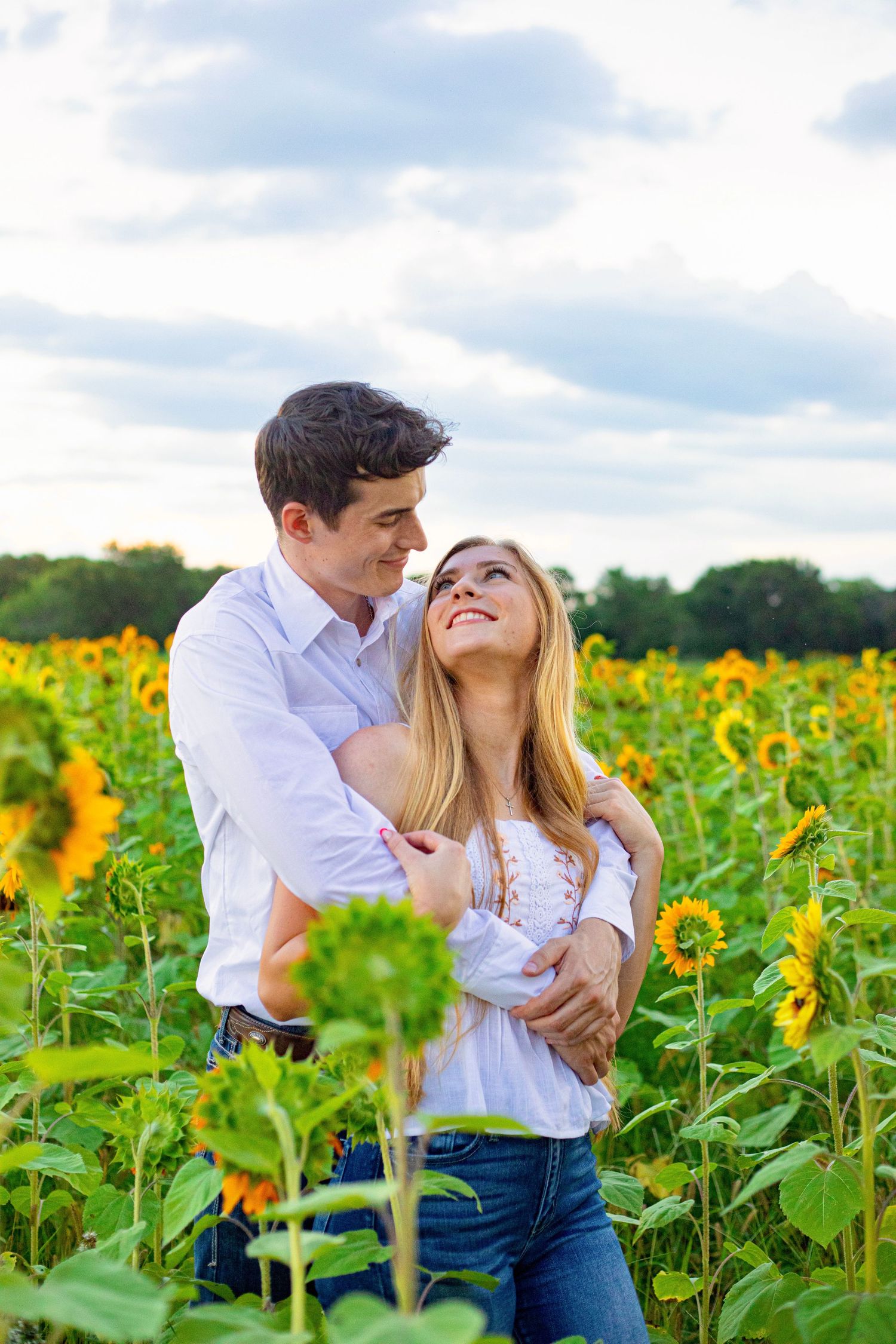 Romantic couple embraces in a vibrant sunflower field during golden hour.