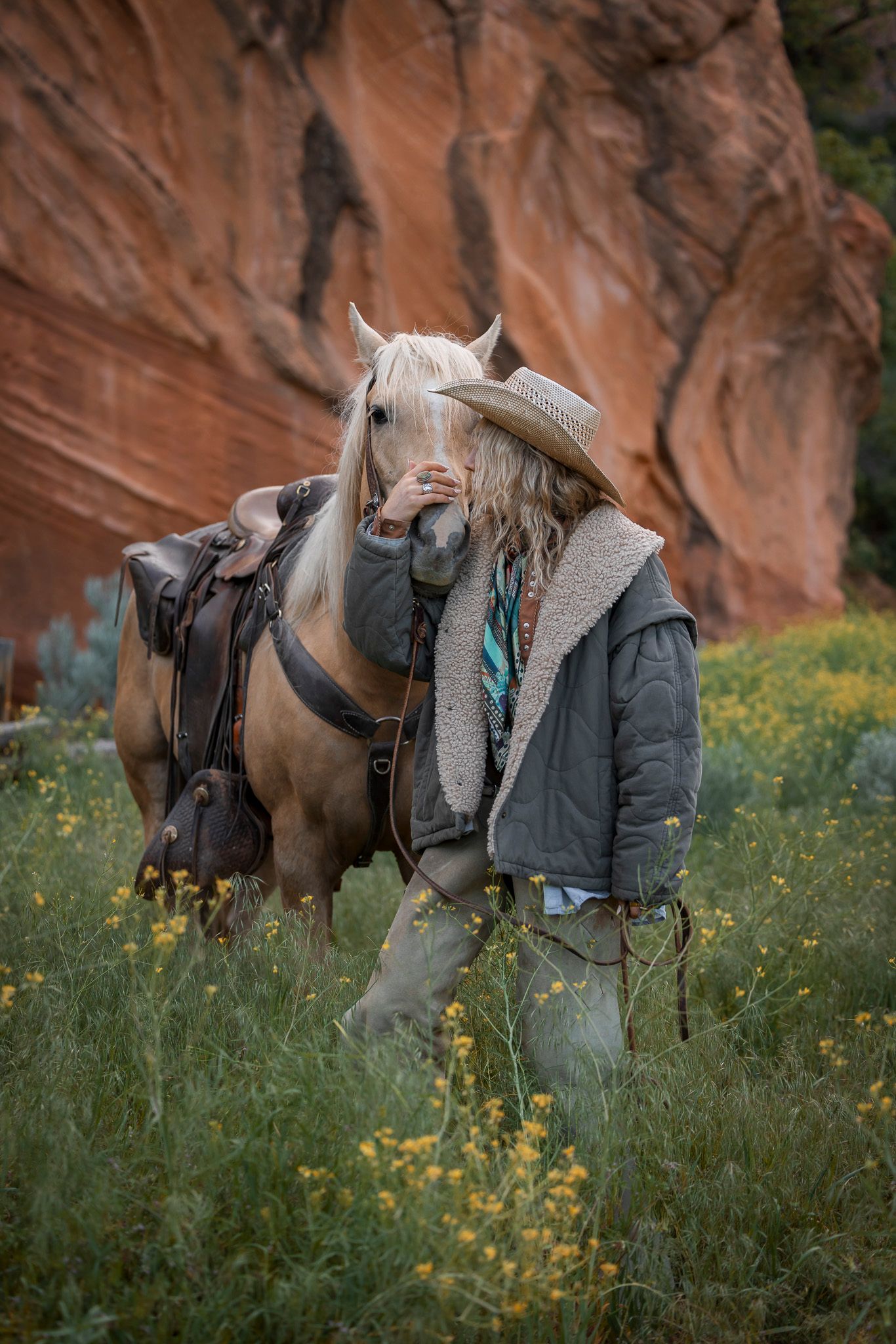 Horses snuggles on a chilly morning beneath the Red Ledges in Utah