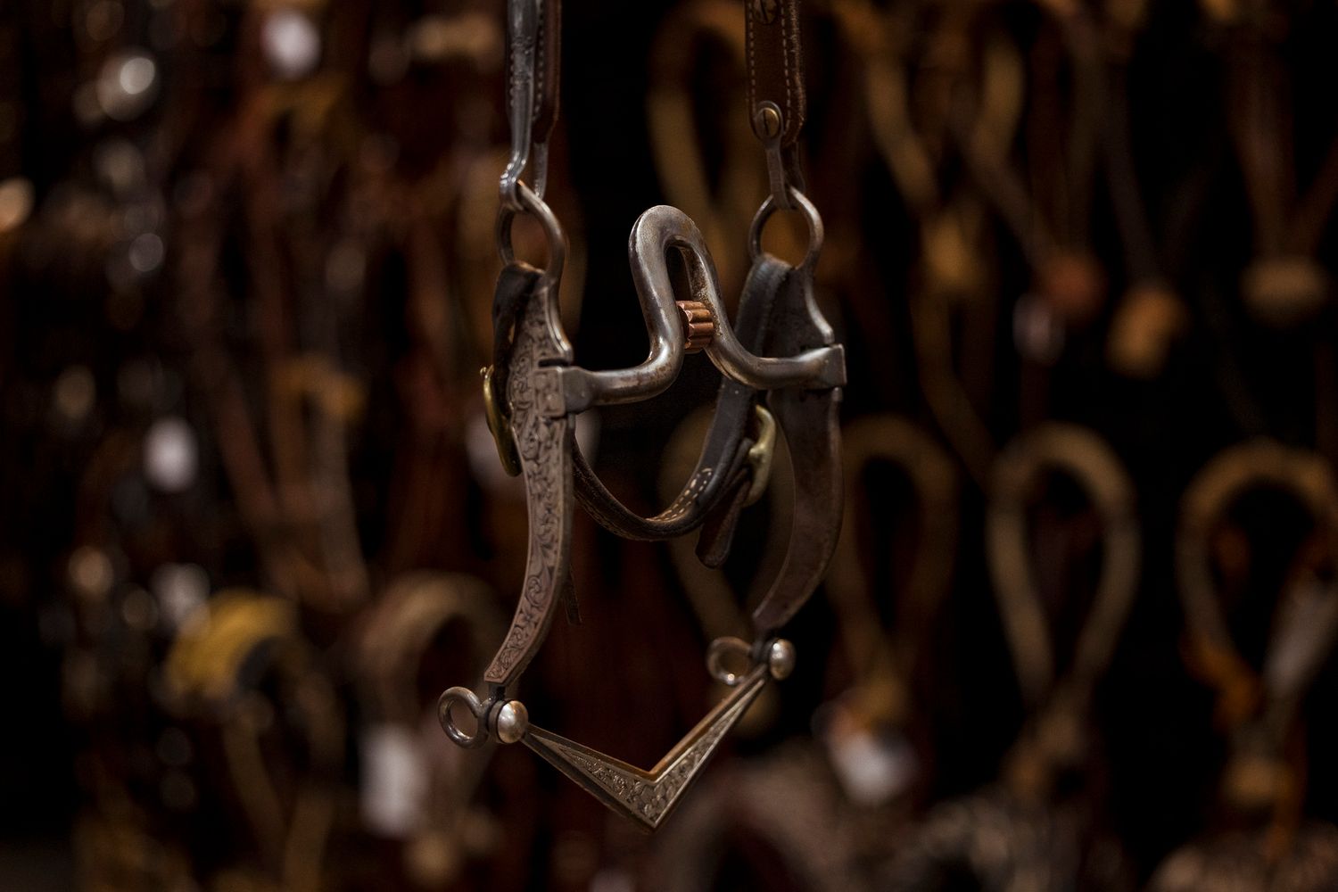 Bit made by Dean Fisher against a background of blurred out hackamores and horse tack