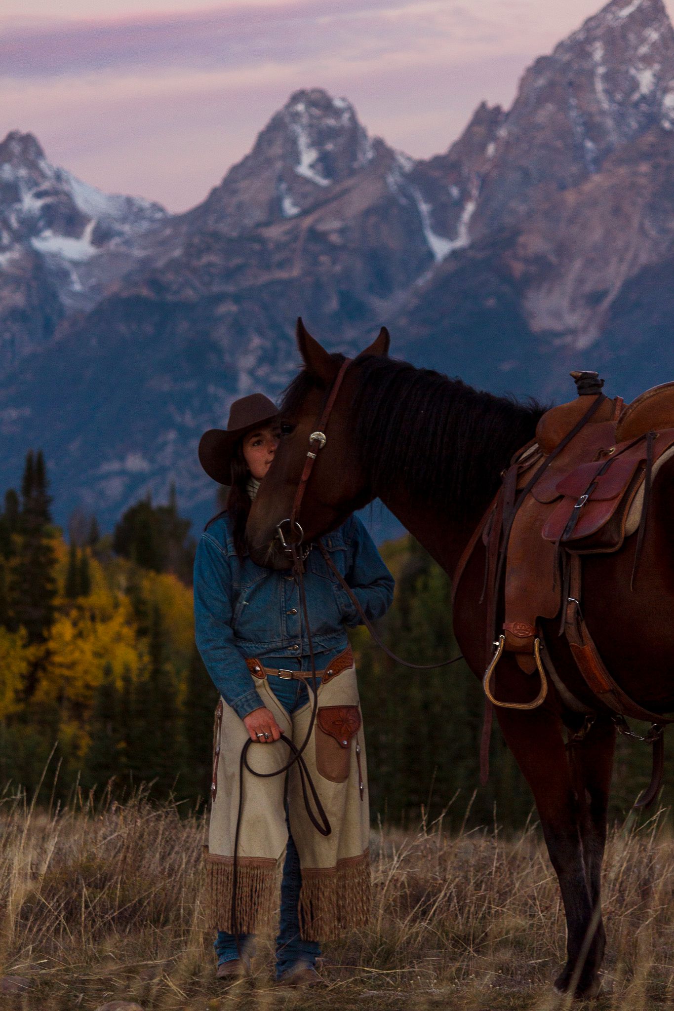 A bay horse and rider stand in a field with the majestic Grand Teton mountains rising in the background at dusk. western equine photography