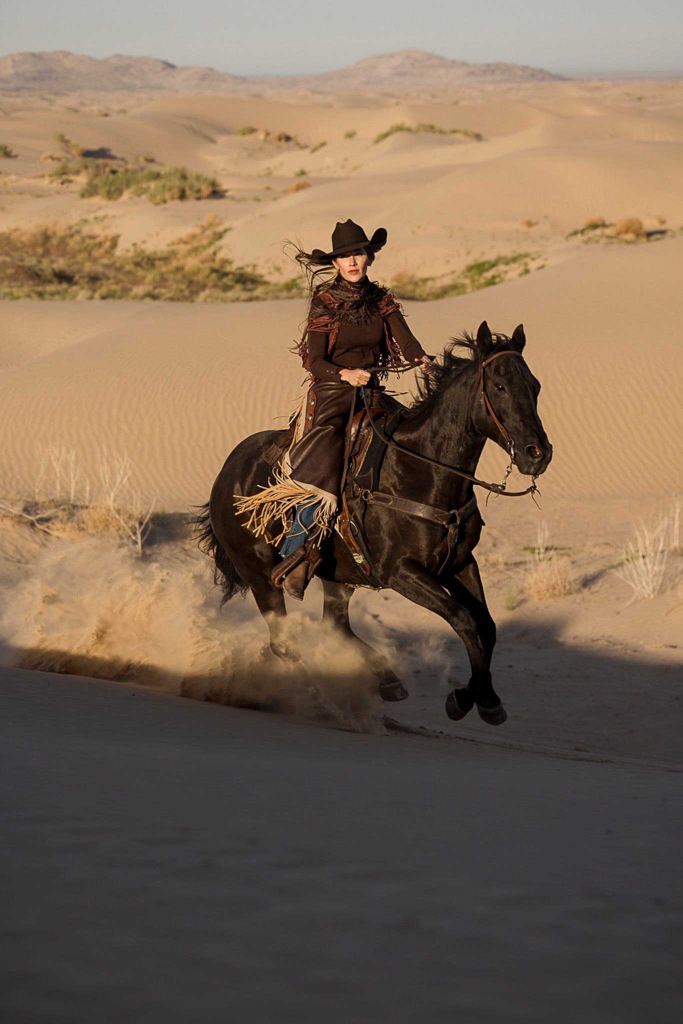 Rider on horseback gallops across sand dunes in western attire during golden desert sunset. Kicking up dust to make a beautiful action shot