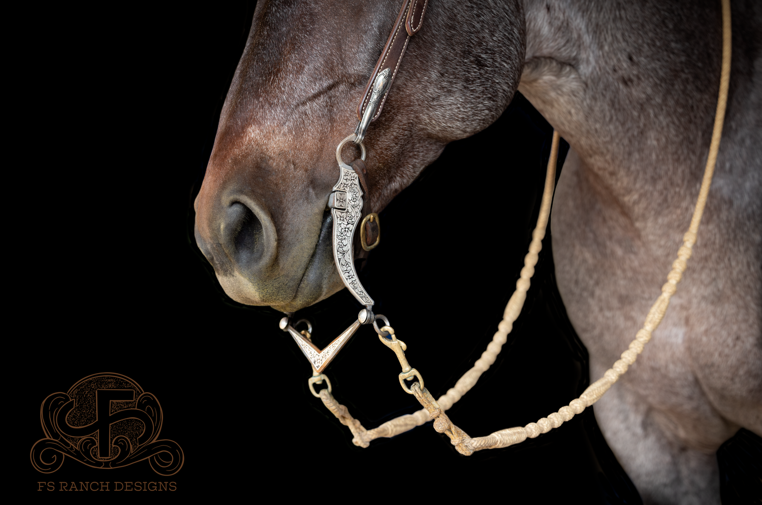 Close-up side view of bay roan horse wearing a handmade engraved bit from FS Ranch Designs made by Dean Fisher