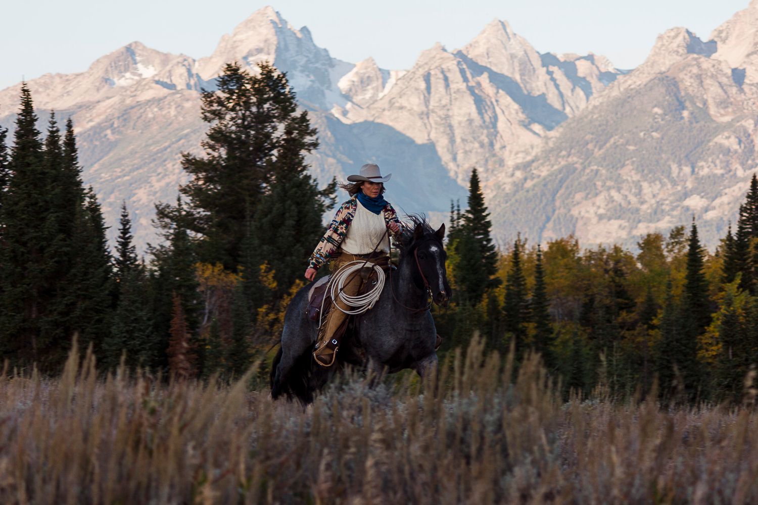 A cowgirl rider on horseback against majestic mountain peaks and evergreen trees at sunset. Grand Teton National Park western photography