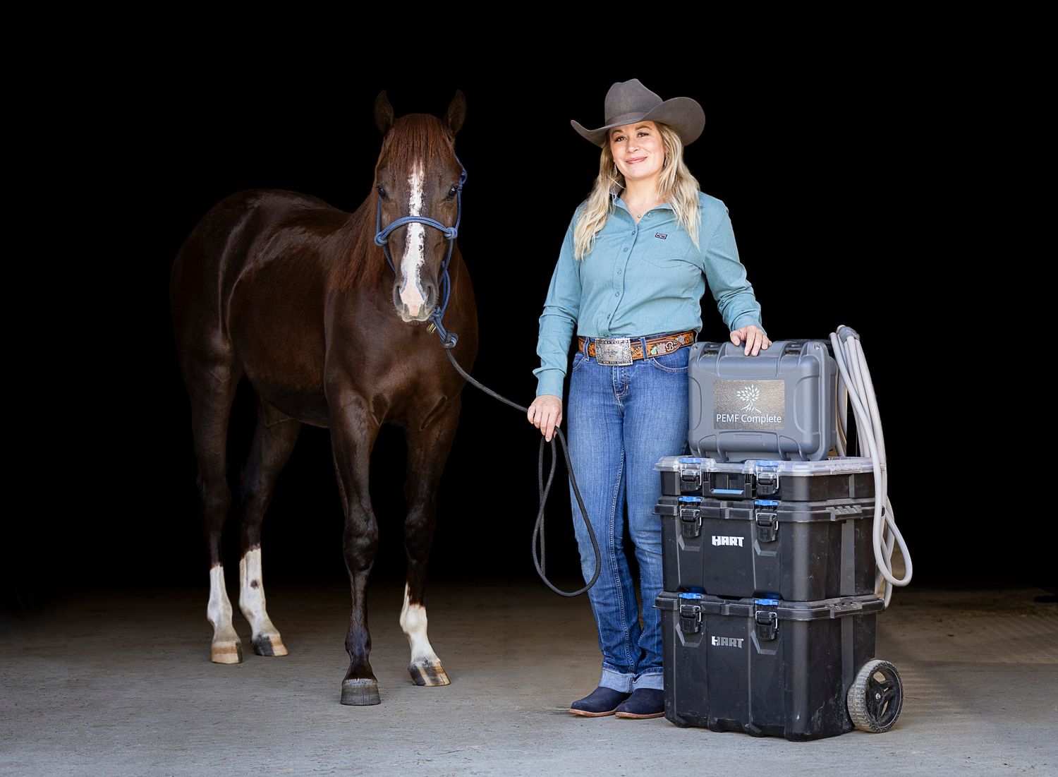 black background portrait of a person, horse, and PEMF Machine