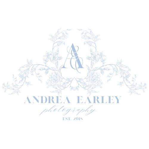 Elegant light blue floral logo design with decorative flourishes and text reading 'Andrea Earley Photography Est. 2008'.