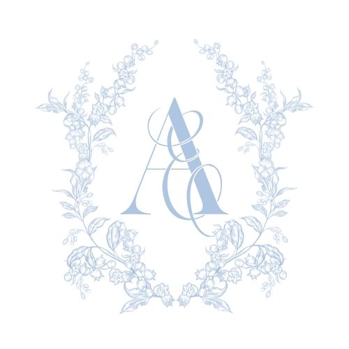 Delicate blue floral pattern with curving vines and leaves arranged in a decorative border design.