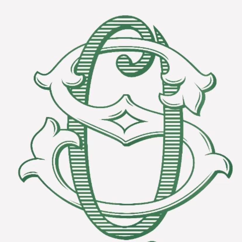 Series of decorative green monogram logo designs with ornate scrollwork patterns.