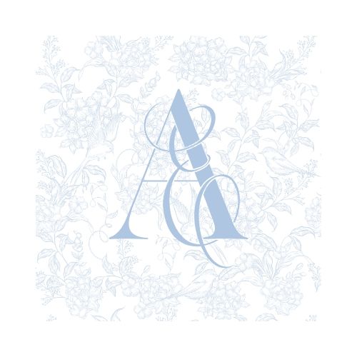 Decorative blue monogram design with intertwined letters on a light background.