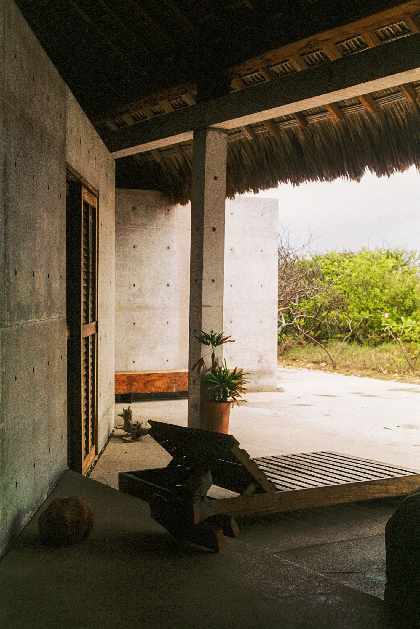 Cozy outdoor space. It is part of the the Casa Wabi located in Mexico, captured beautifully using 35mm film photography.