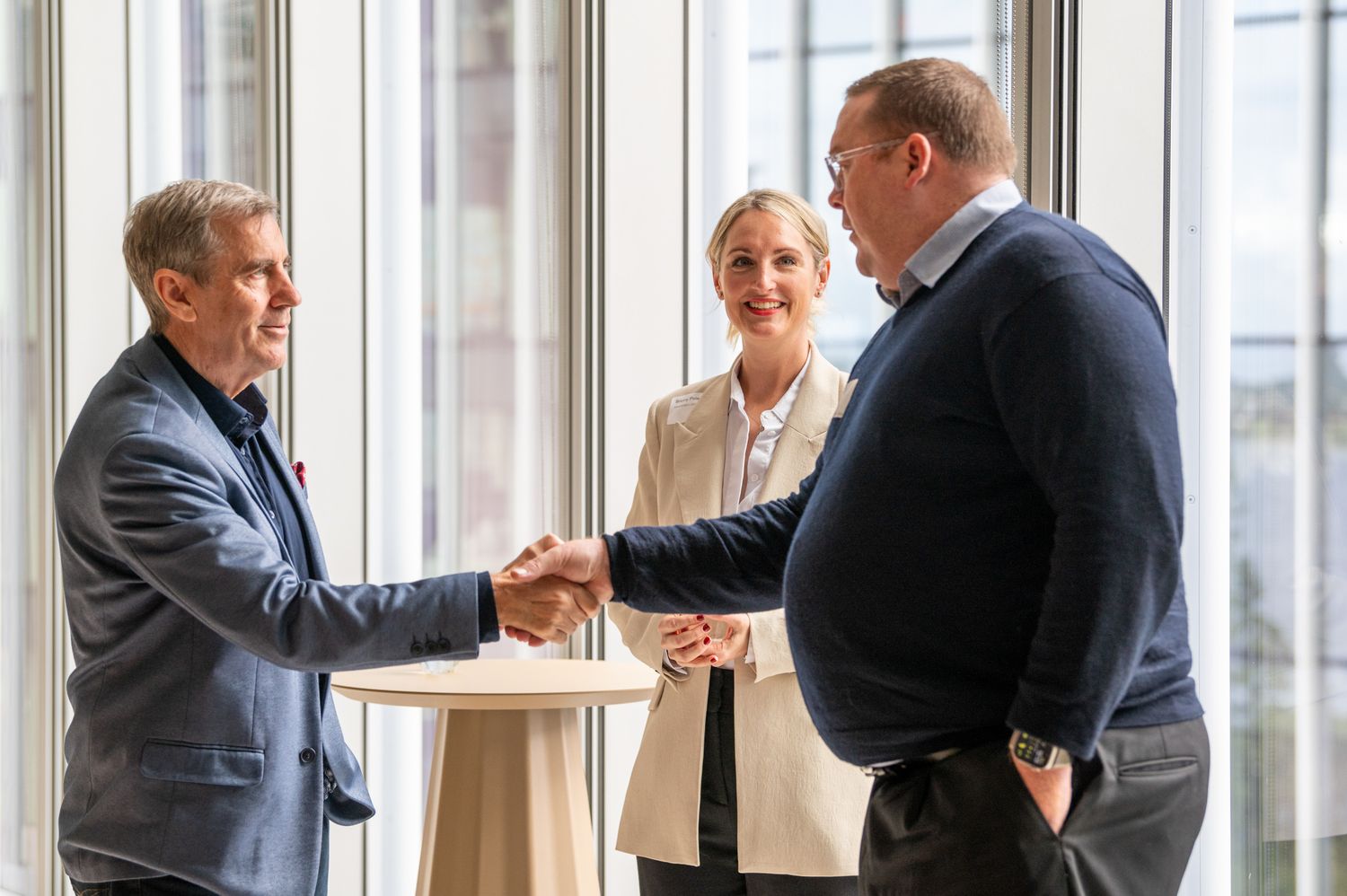 Multiple photos show business leaders in dark suits engaging in handshake greetings in a bright office setting.
