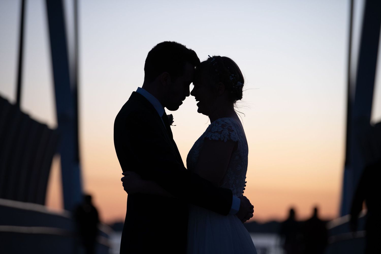 Silhouettes of a couple and wedding party against a dramatic sunset sky.