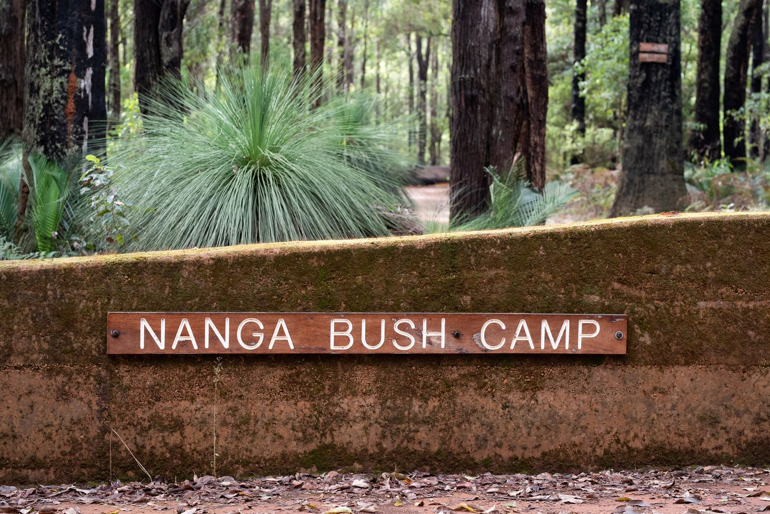 A rustic sign displaying 'Nanga Bush Camp' stands among green trees and bushes in a natural forest setting.