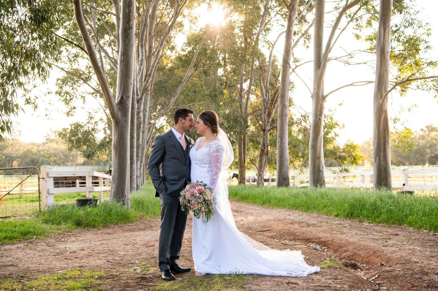 A newlywed couple shares a romantic moment on a sunlit dirt path with tall eucalyptus trees and countryside views at Brookleigh Estate