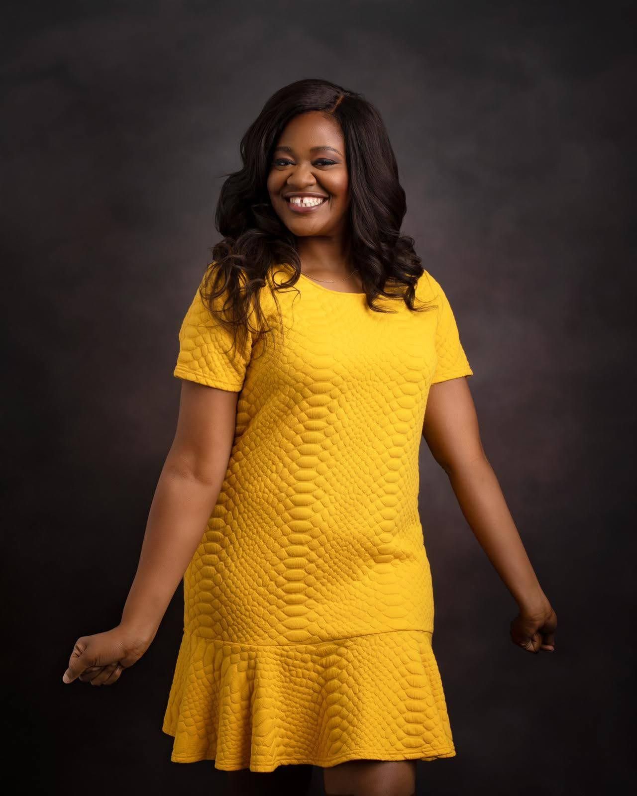 Portrait series featuring bright yellow textured top against dark background.