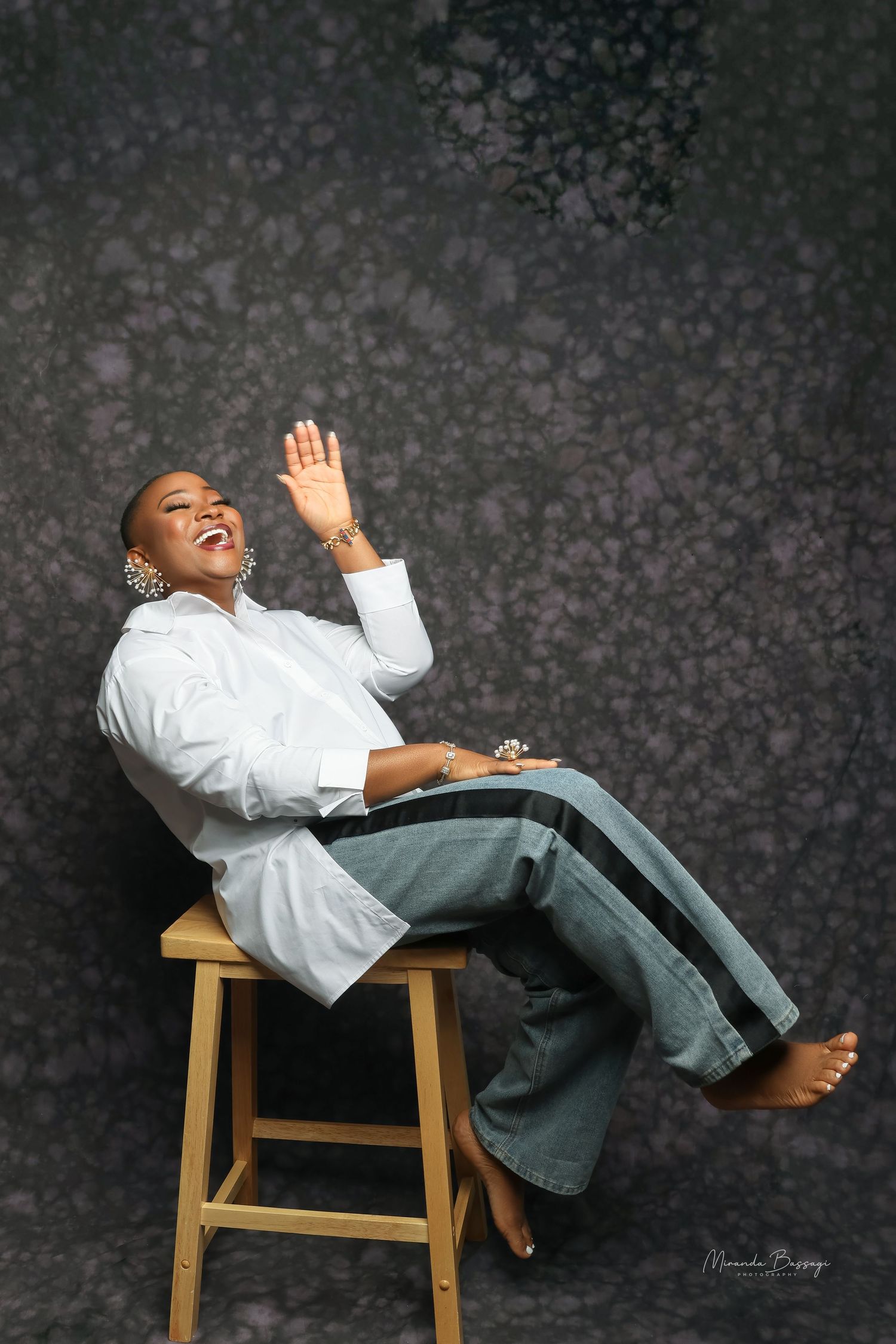Dynamic photo sequence showing playful poses on wooden chair against dark backdrop.