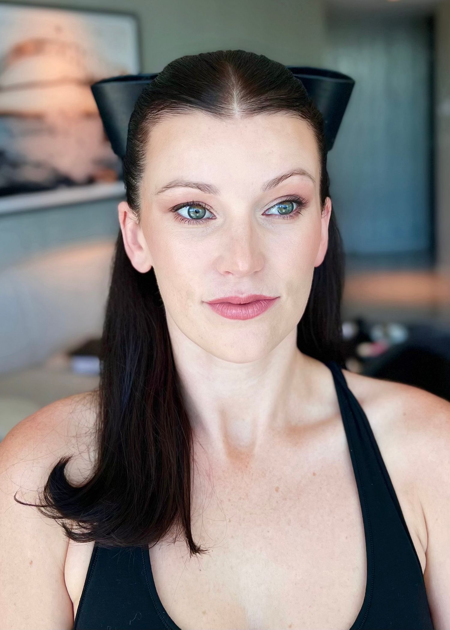 Sequence of beauty preparation shots showing finished makeup look.