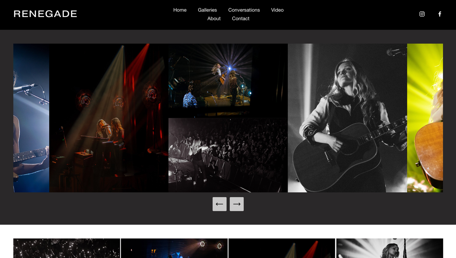 Renegade photography website gallery page displaying concert and music event black and white photos.