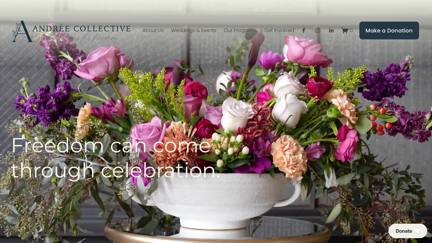 Colorful floral arrangement in a white vase with text Freedom can come through celebration on Andree Collective website.